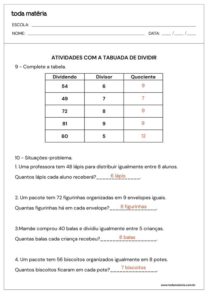 atividades com a tabuada de dividir de complete e situações-problema_respostas