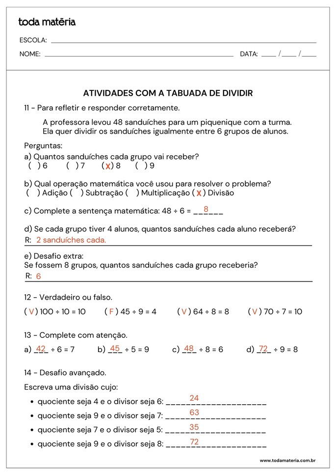 atividades com a tabuada de dividir de múltipla escolha, complete, verdadeiro ou falso e desafio avançado_respostas