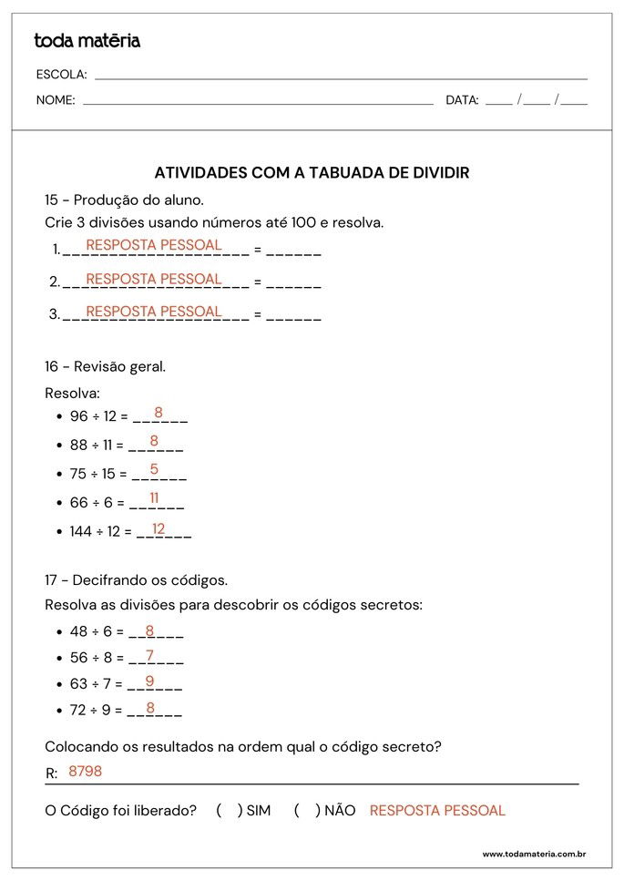 atividades com a tabuada de dividir criação de divisão, cálculo e resolva_respostas
