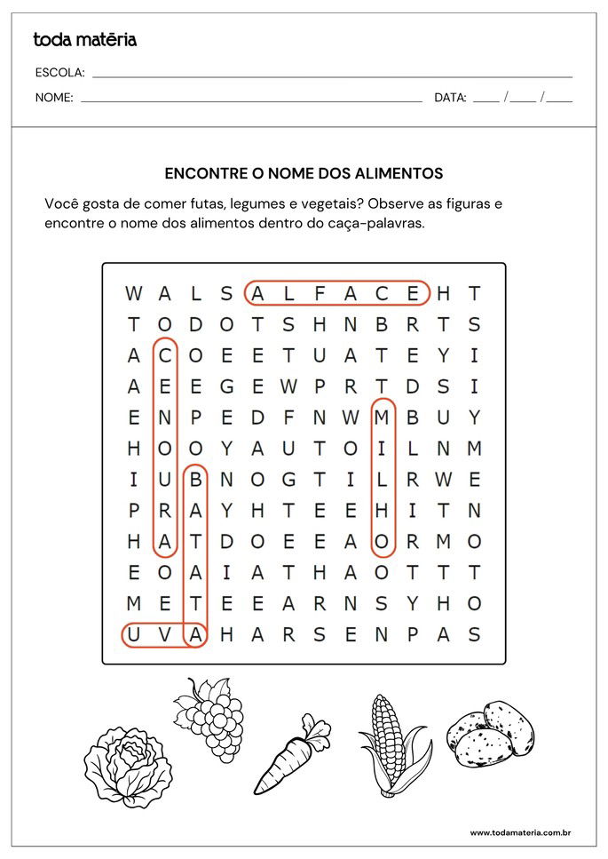 Respostas de caça-palavras dos alimentos para alfabetizar