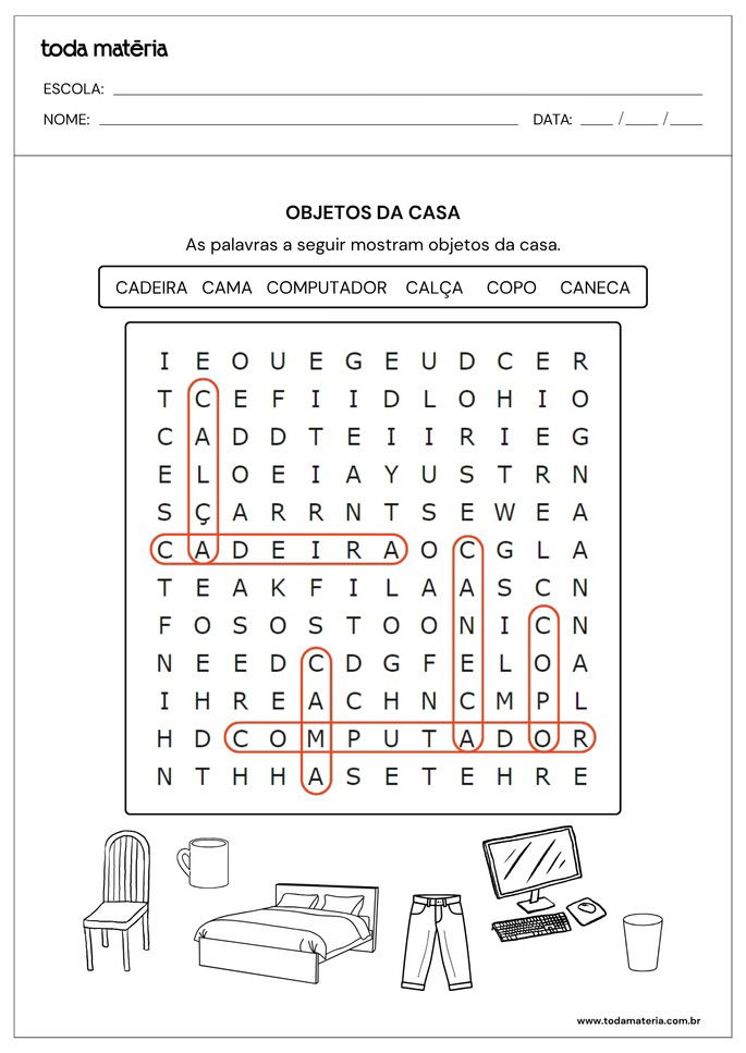 Respostas de caça-palavras de objetos da casa para alfabetizar