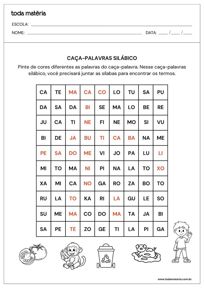 Respostas de caça-palavras silábico para alfabetizar