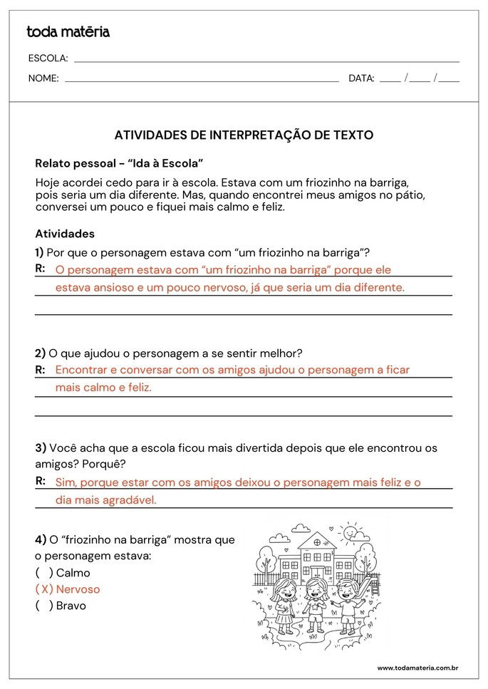atividade de interpretação de texto curto para 1º e 2º ano EF com relato pessoal_respostas