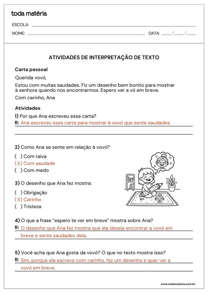 atividade de interpretação de texto curto para 1º e 2º ano EF com carta pessoal_respostas