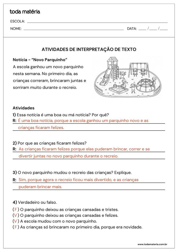 atividade de interpretação de texto curto para 1º e 2º ano EF com notícia_respostas