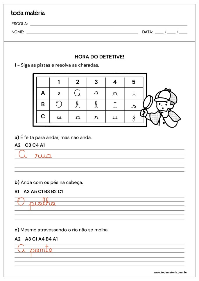 atividade de caligrafia de seguir pistas para resolver charadas para 4º ano_respostas