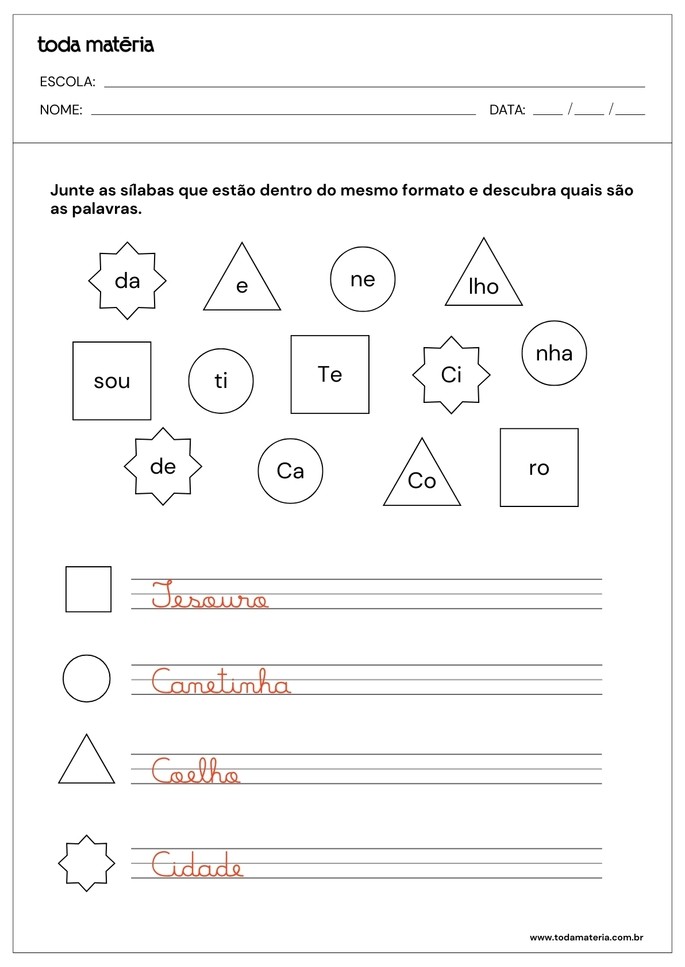 atividade de treino de caligrafia juntando sílabas para 4º ano_respostas