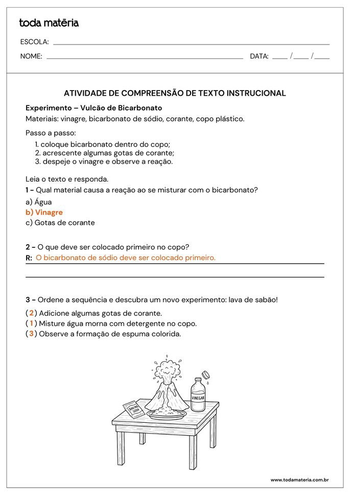 respostas de atividades de compreensao de textos instrucionais com experimento de vulcao