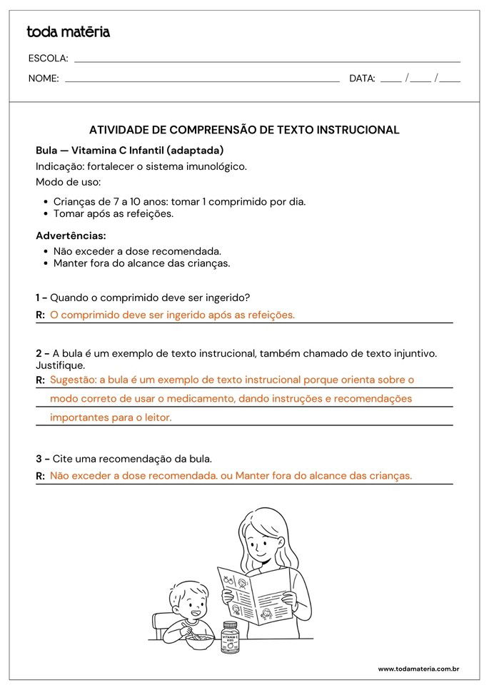 respostas de atividades de compreensao de textos instrucionais com bula de remédio