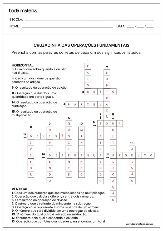 cruzadinha de operações fundamentais para 3º ano do EF_respostas
