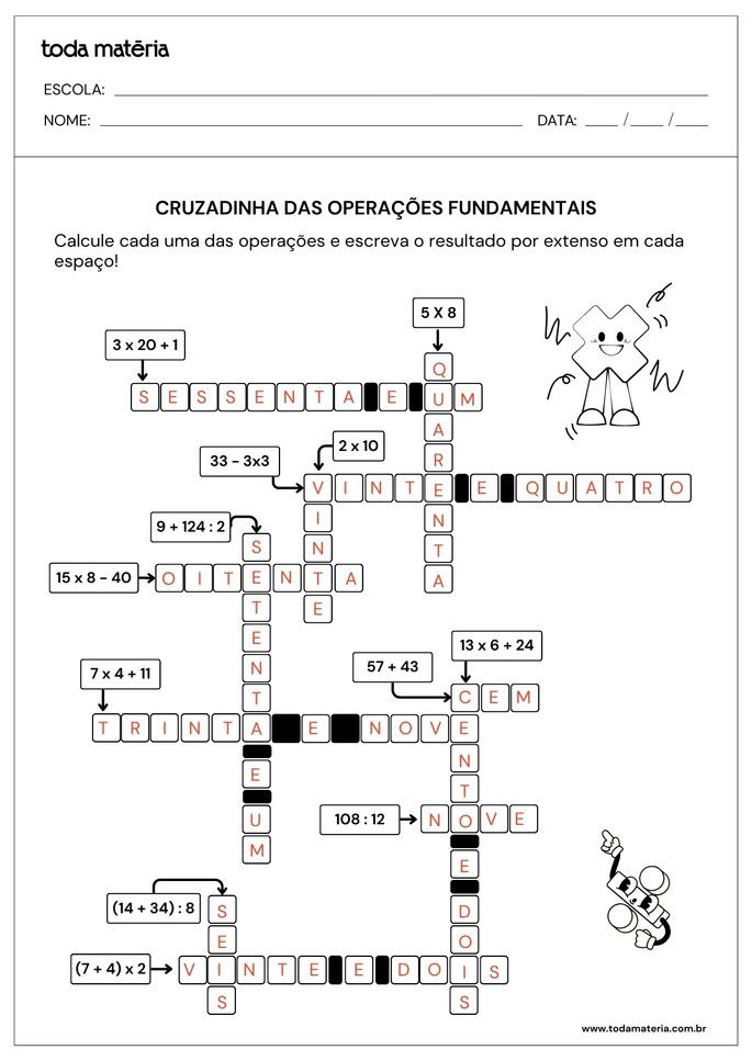 atividade de operações fundamentais em cruzadinha para 3º ano do EF_respostas