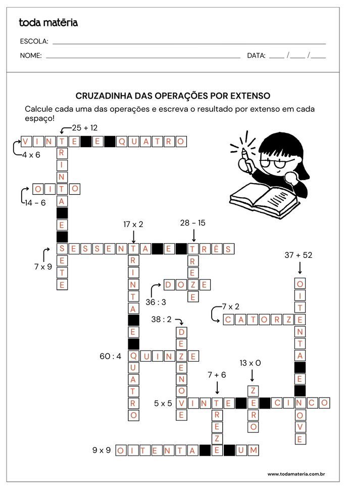 cruzadinha de operações por extenso para 3º ano do EF_respostas