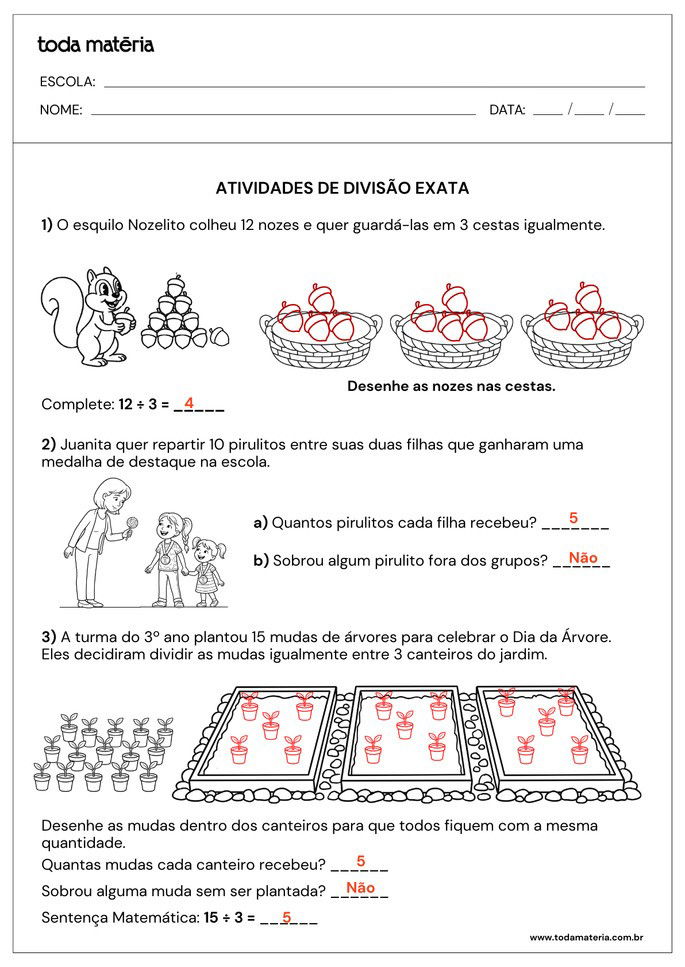 resposta de atividades de divis&atilde;o exata ilustradas para 3&ordm; ano do fundamental