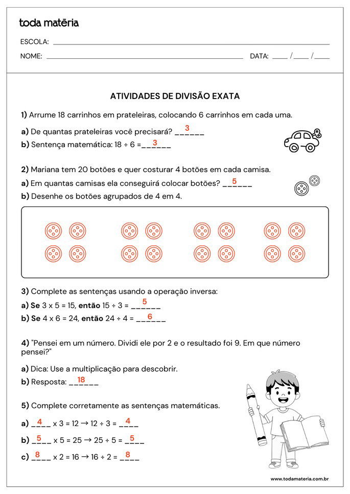 respostas de problemas com contas de divis&atilde;o exata para 3&ordm; ano do fundamental