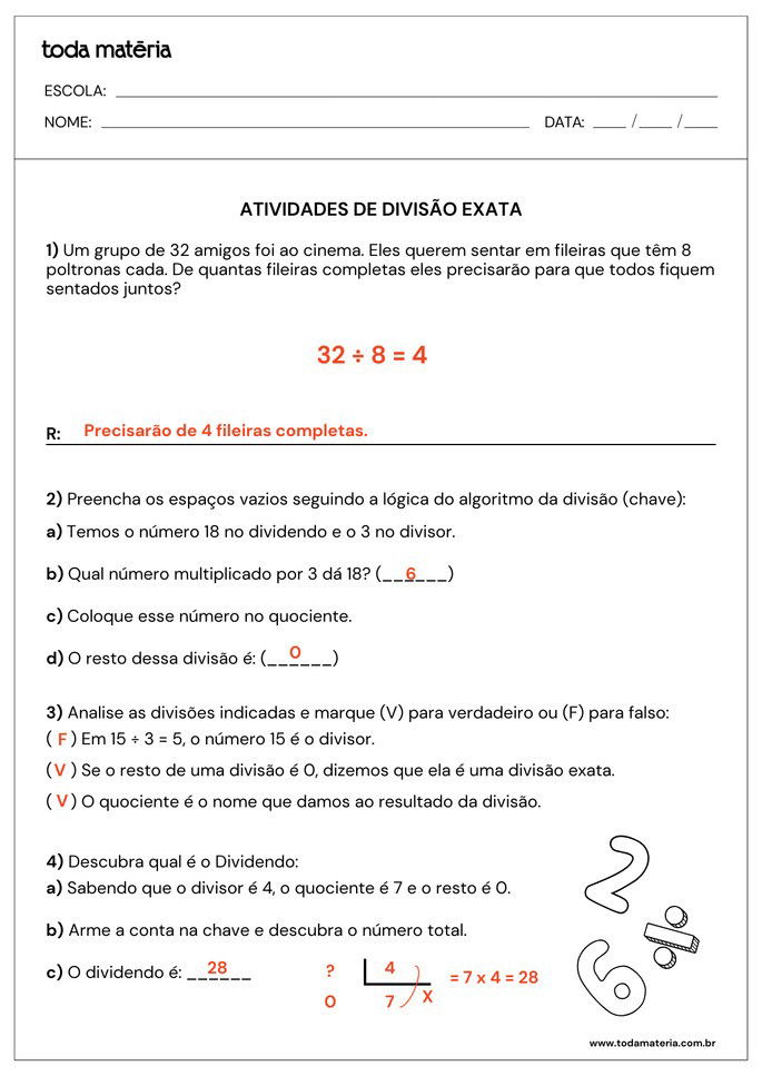 respostas de atividades de complete e verdadeiro ou falso de divis&atilde;o exata para 3&ordm; ano do fundamental