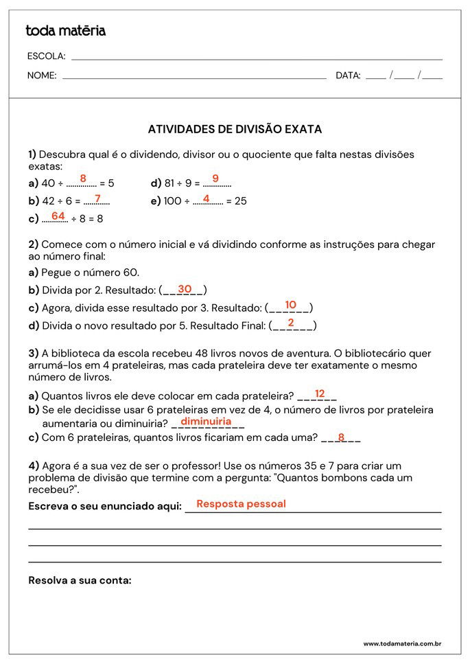 respostas de atividades variadas de divis&atilde;o exata para 3&ordm; ano do fundamental