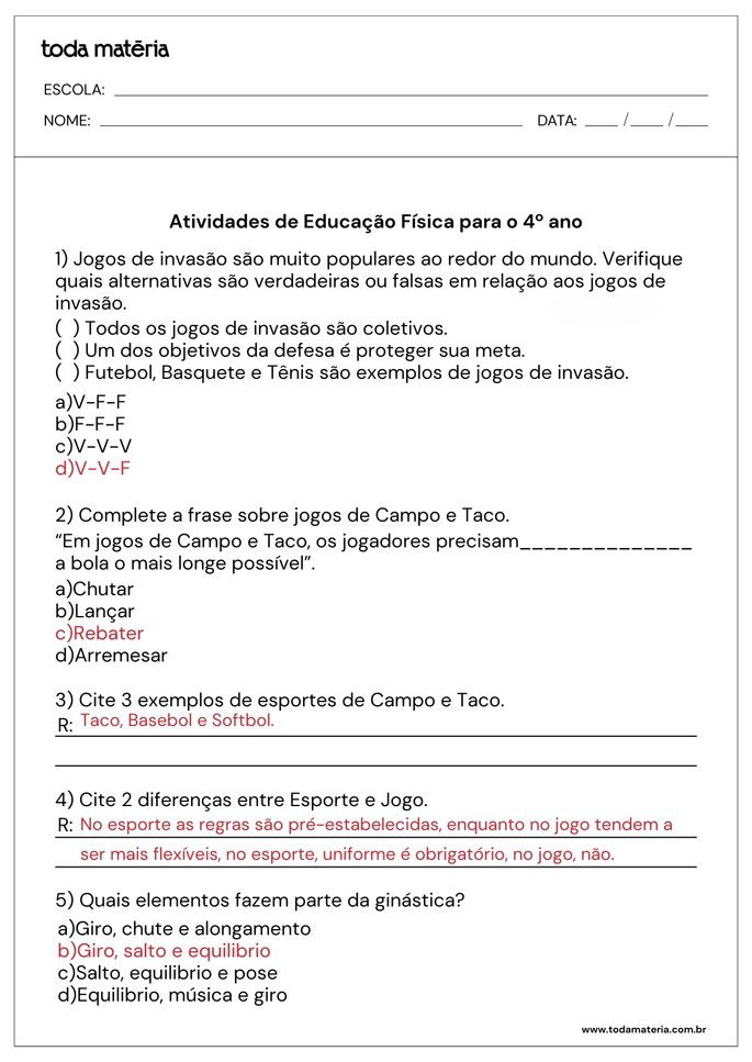 Respostas Atividades para 4 ano