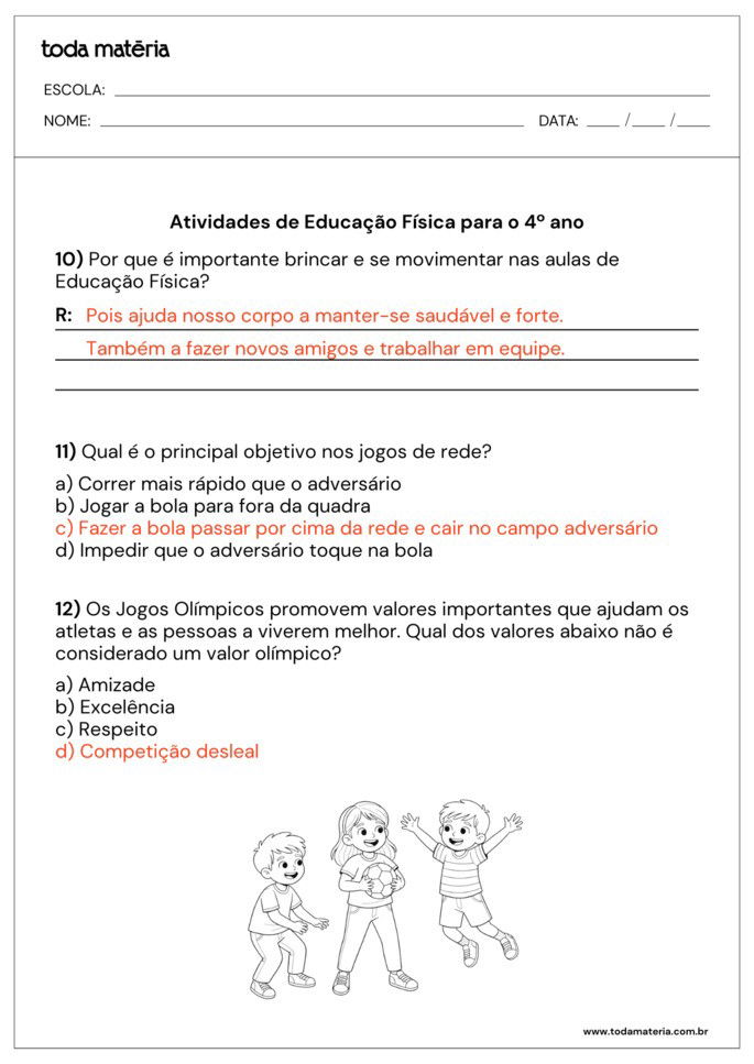 Respostas das Atividades de Educação Física para o 4 ano