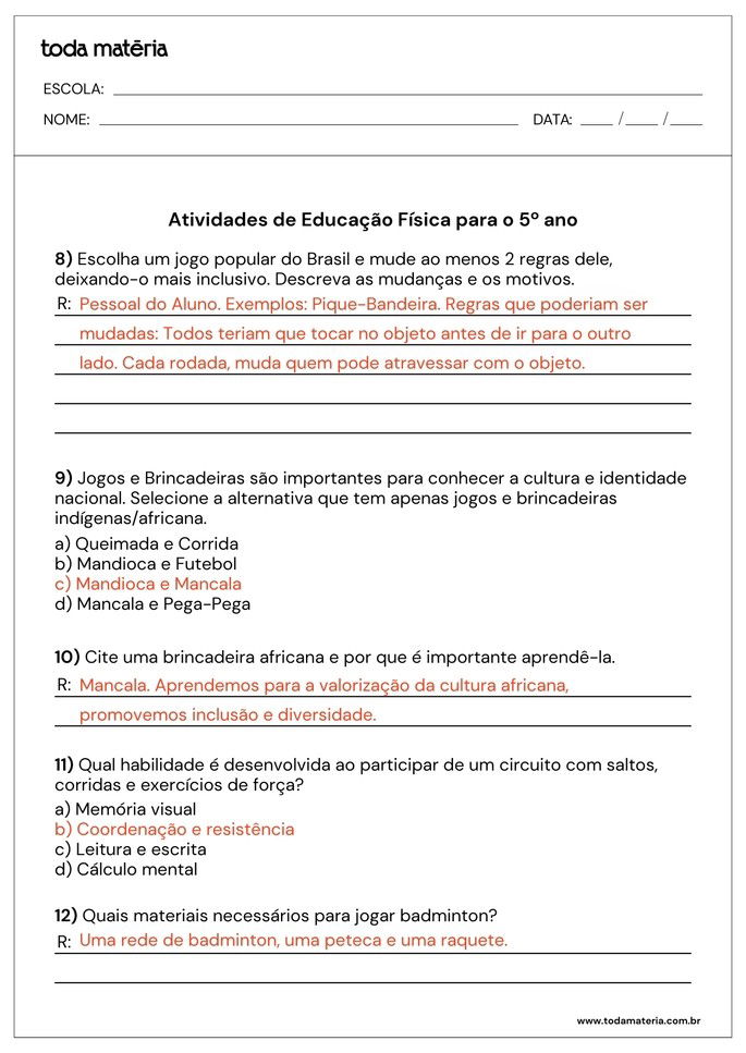 Respostas para Atividades de Educação Física para o 5 ano