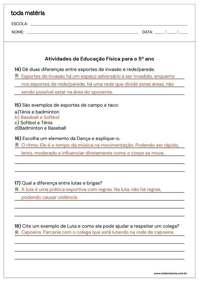 Respostas para Atividades de Educação Física para o 5 ano