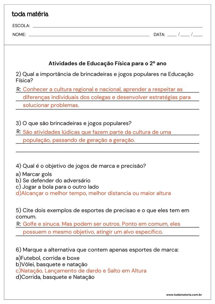 Respostas para as Atividades de Educação Física para o  2º ano do Fundamental