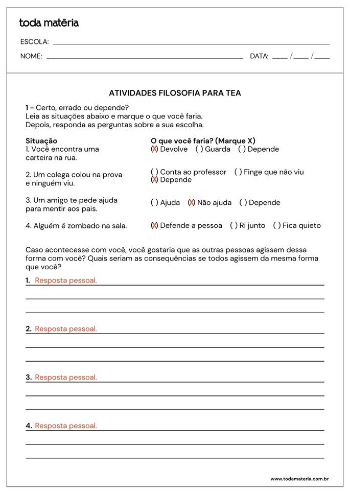 Resposta da folha de atividades de filosofia adaptadas para alunos com autismo