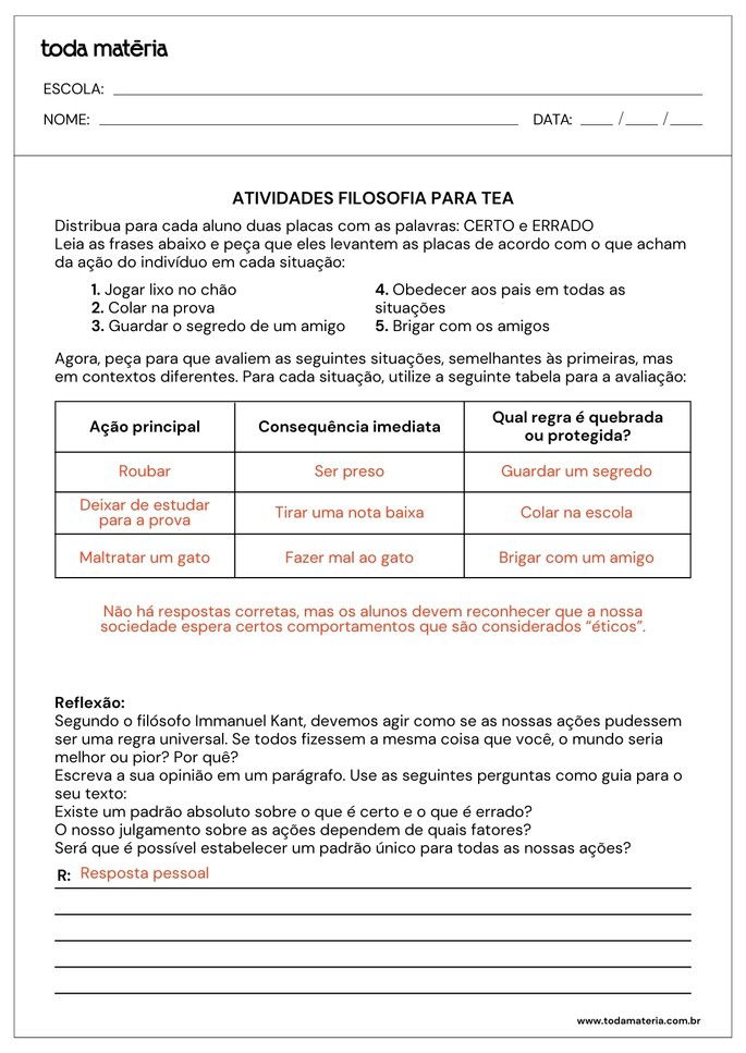 Resposta da folha de atividades de filosofia adaptadas para alunos com autismo