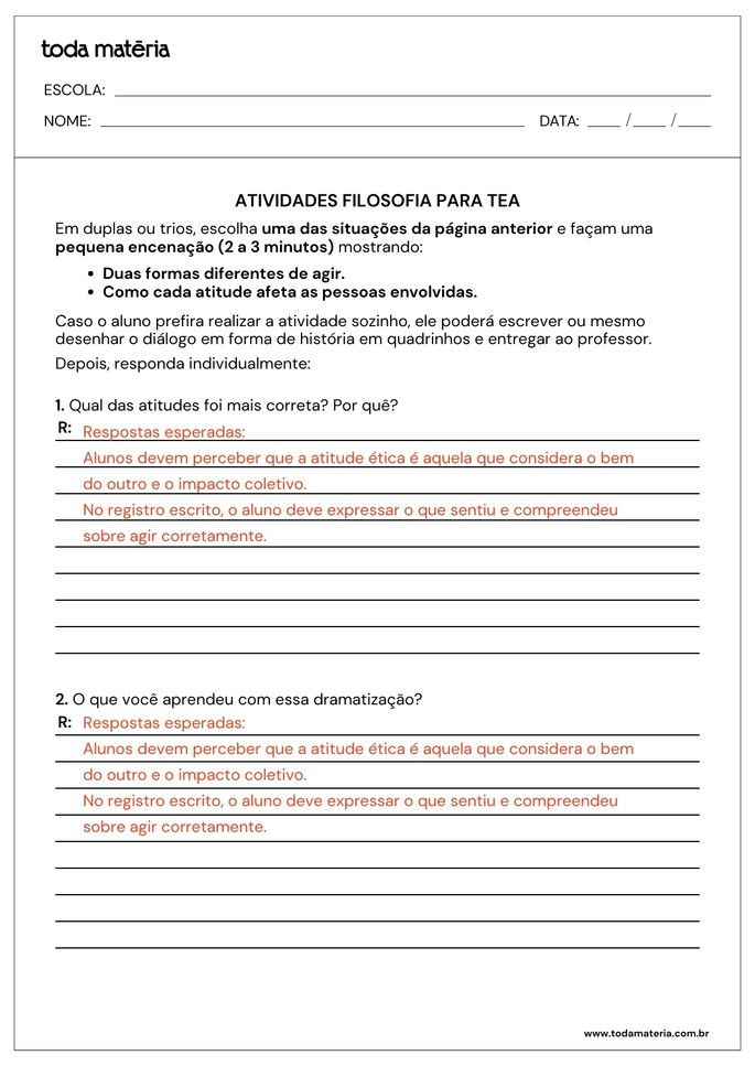 Resposta da folha de atividades de filosofia adaptadas para alunos com autismo