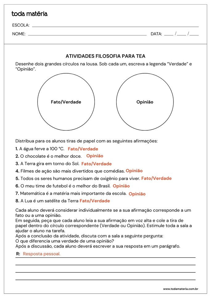 Resposta da folha de atividades de filosofia adaptadas para alunos com autismo