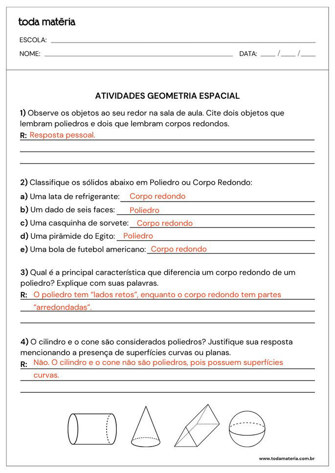Respostas de atividades sobre geometria espacial para 6º ano com perguntas abertas e classificação