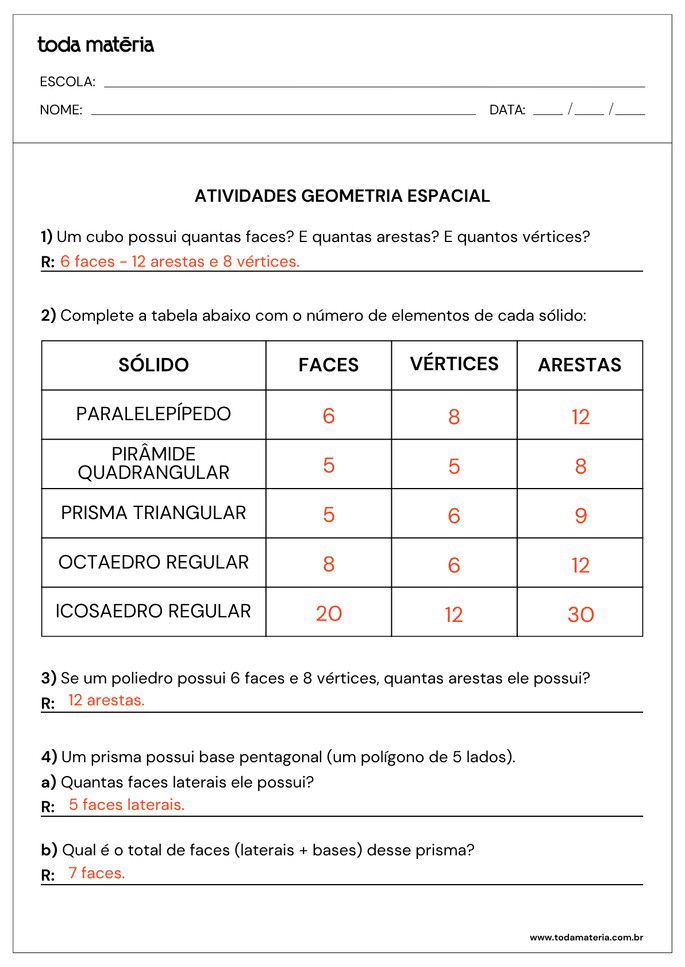 Respostas de atividades sobre geometria espacial para 6º ano com perguntas e preenchimento de tabela