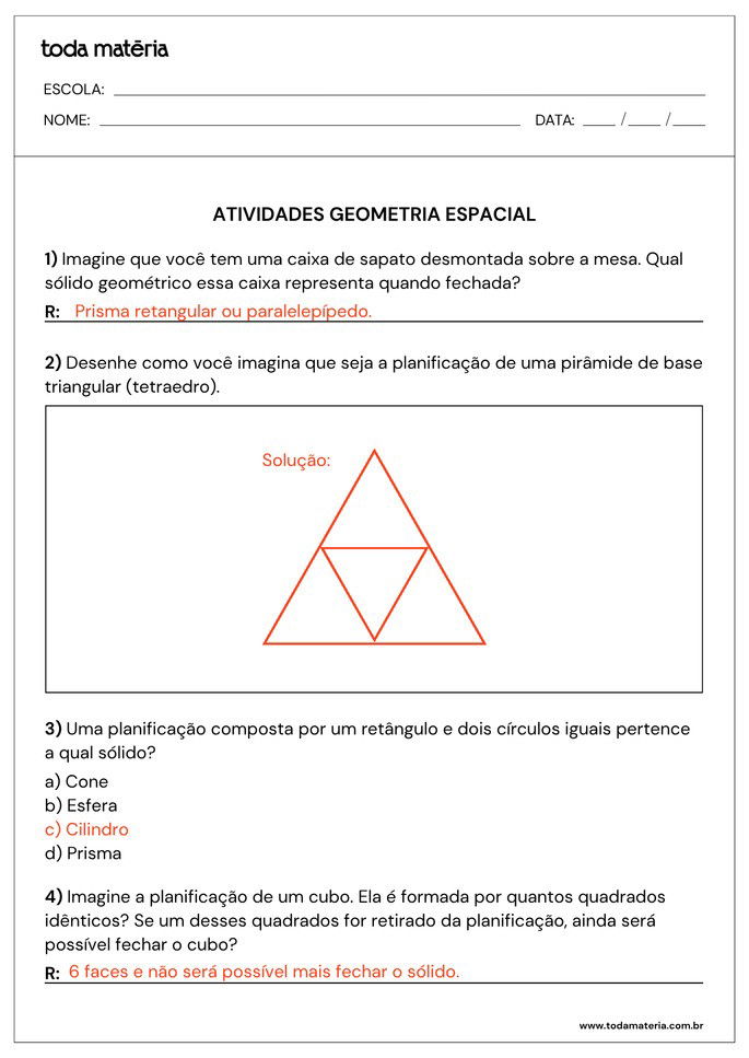 Respostas de atividades sobre geometria espacial para 6º ano com perguntas e desenho