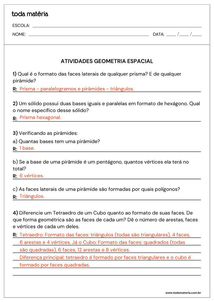 Resposta de atividades sobre geometria espacial para 6º ano