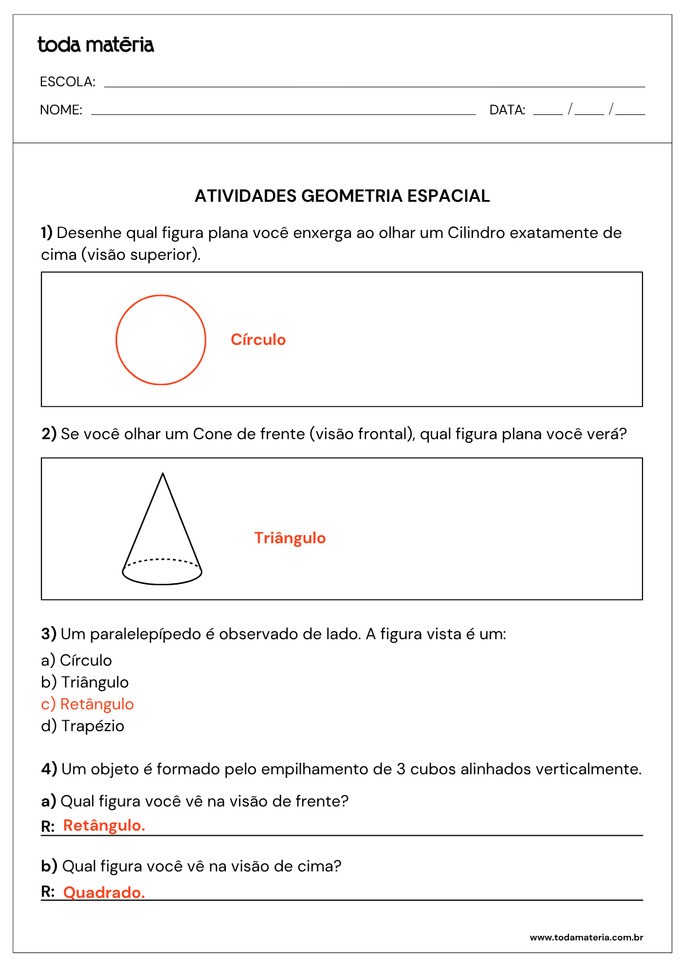 Respostas de atividades sobre geometria espacial para 6º ano com desenho e perguntas