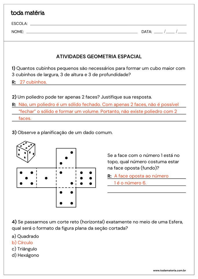 resposta de 4 atividades sobre geometria espacial para 6º ano para imprimir