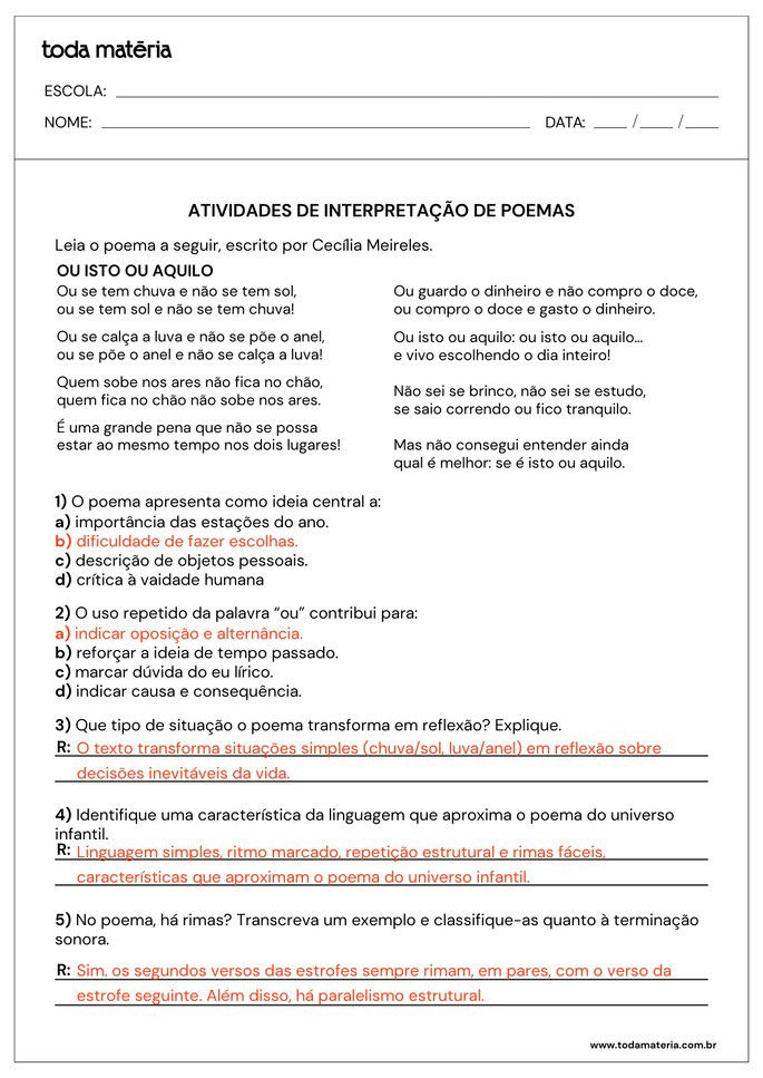 respostas de atividade de interpretação de poema de Cecília Meireles