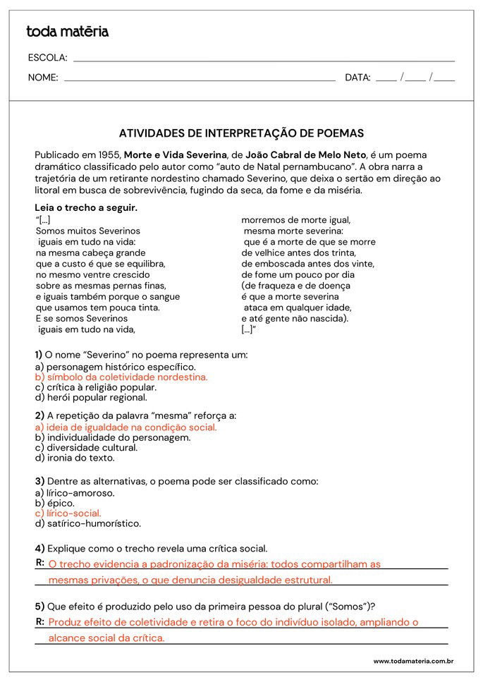respostas de atividade de interpretação de poema de João Cabral de Melo Neto