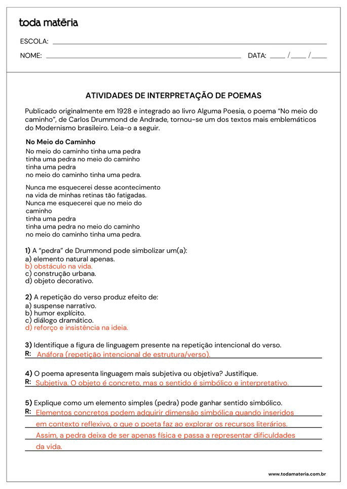 respostas atividade de interpreta&ccedil;&atilde;o de poema para 8&ordm; ano