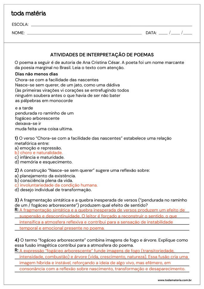 respostas de atividade de interpretação de poema de Ana Cristina César