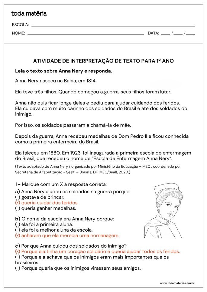 folha de resposta da atividade de interpretação de texto sobre Anna Nery para 1º ano do Fundamental