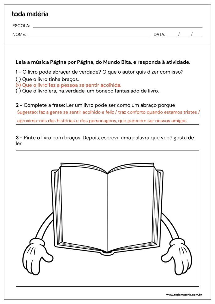 folha de resposta de atividade de interpretação da música Página por Página para 1º ano do Fundamental