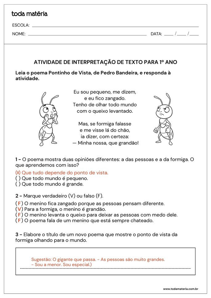 folha de resposta de atividade de interpretação do poema Pontinho de Vista para 1º ano do Fundamental