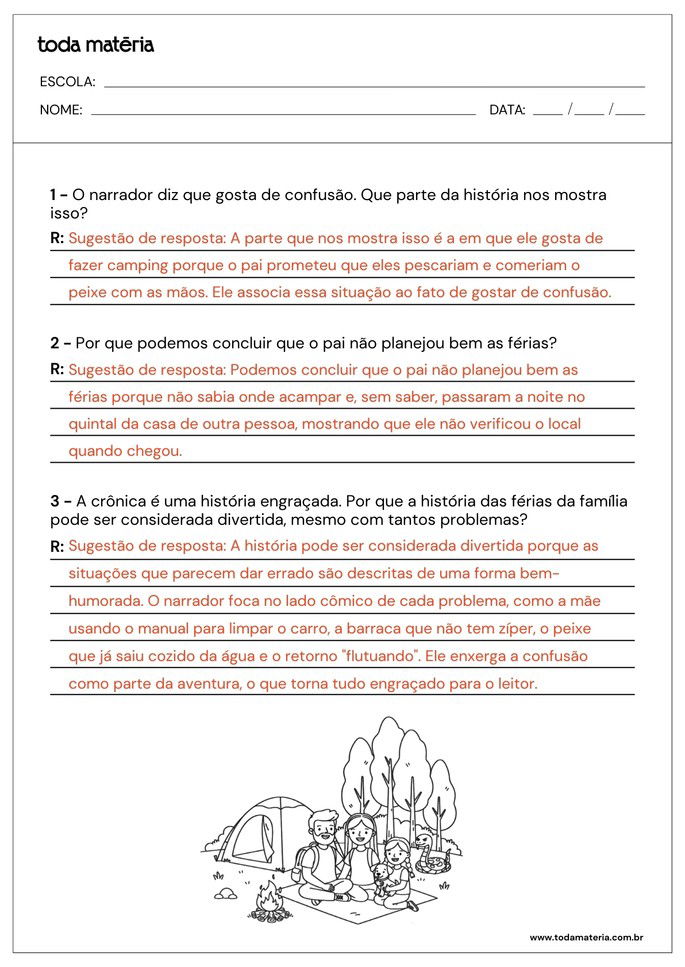 folha de resposta da atividade de interpretação de texto crônica para 5º ano