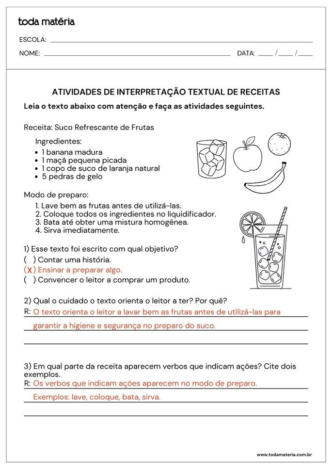 Atividades de múltipla escolha e perguntas sobre interpretação textual de receitas_respostas