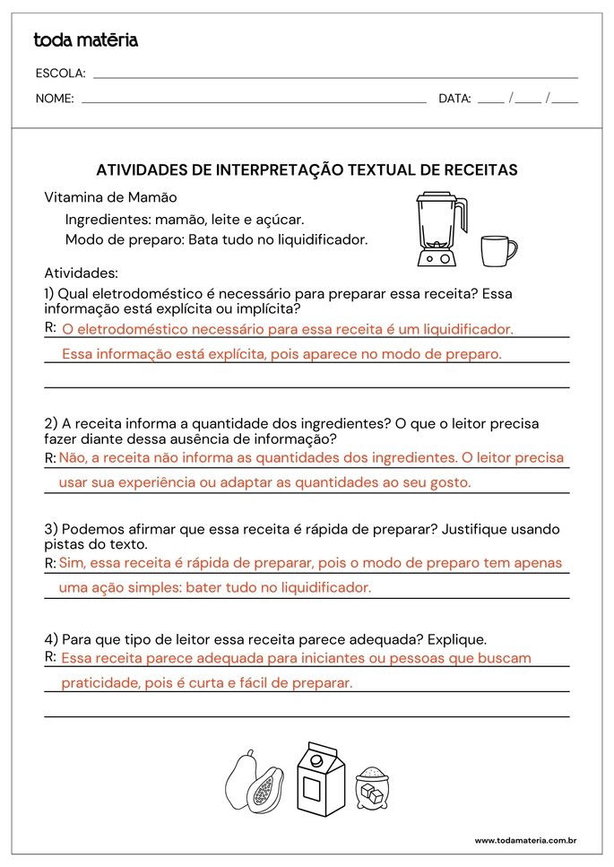 Atividades sobre interpretação textual de receitas com perguntas abertas_respostas