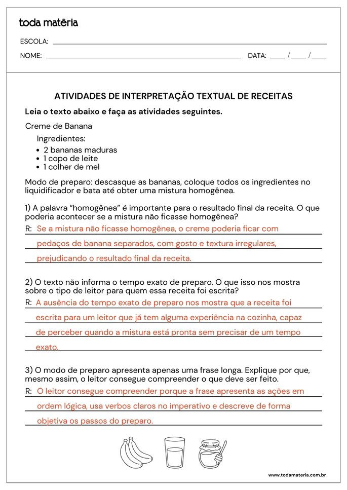 Atividades sobre interpretação textual de receitas com perguntas abertas para 5º ano_respostas