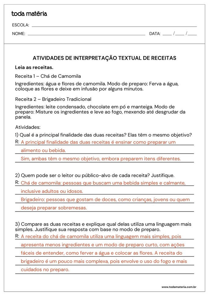 Atividades sobre interpretação textual de receitas com perguntas sobre finalidade, público e linguagem_respostas