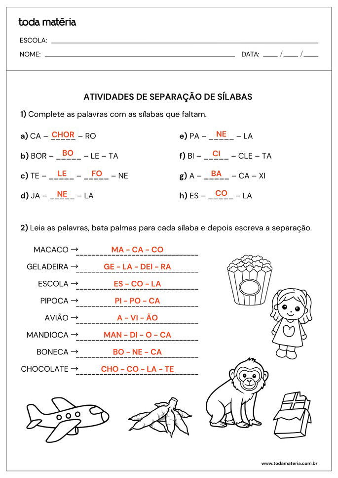 Resposta de atividade de separação de sílabas para o 3º ano