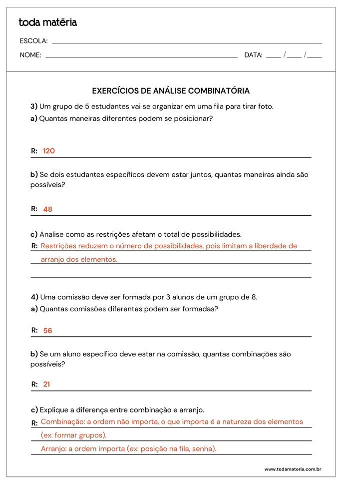 atividades sobre análise combinatória para 2º ano do ensino médio_folha de resposta 2