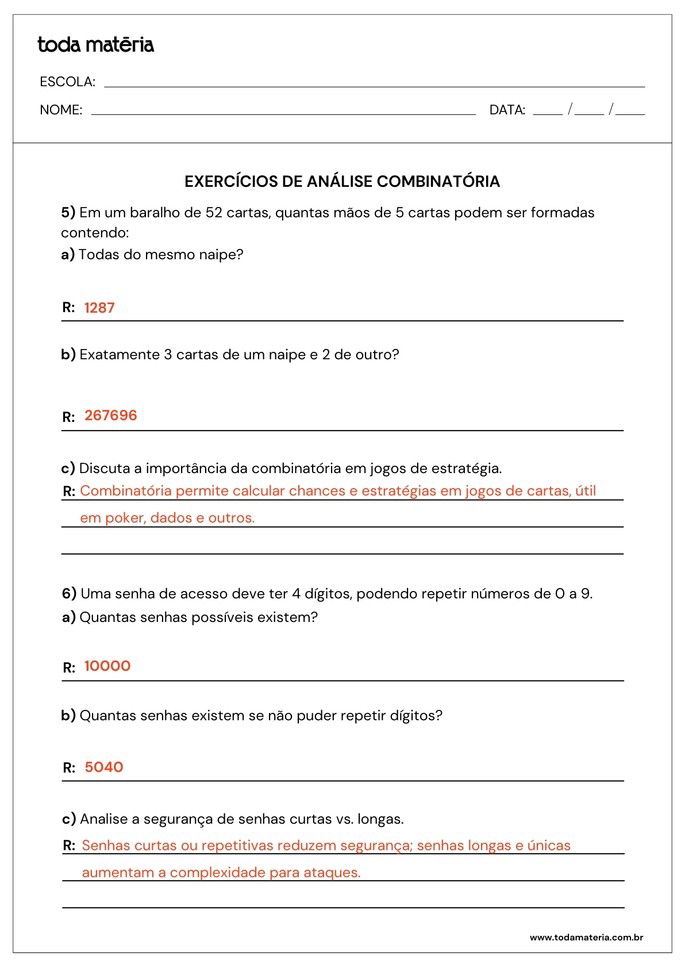 atividades sobre análise combinatória para 2º ano do ensino médio_folha de resposta 3